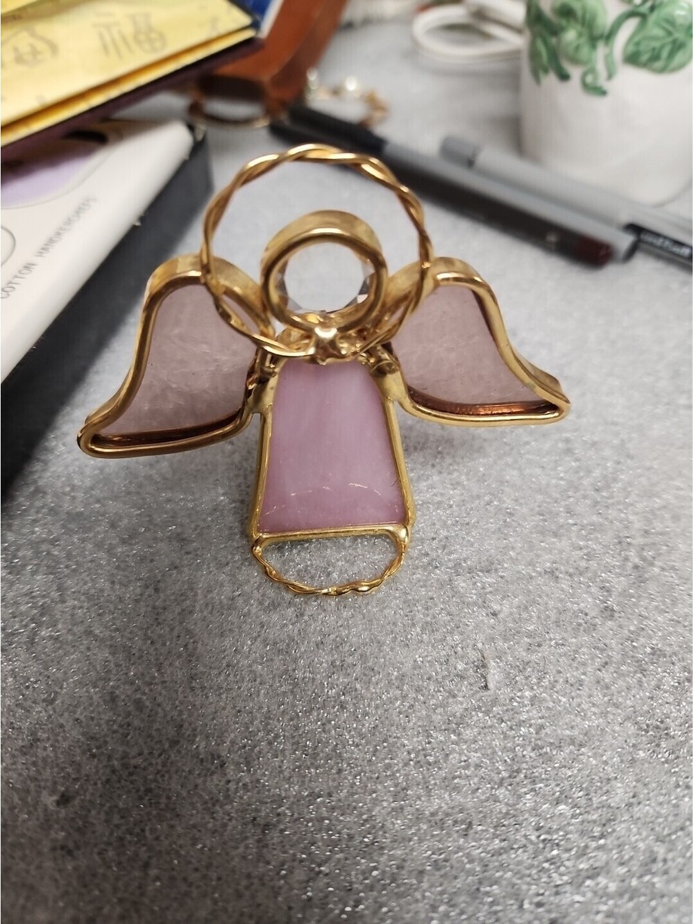 Vintage Stained Glass Angel Figurine Pink & White Gold Metal Holiday Ornament!.